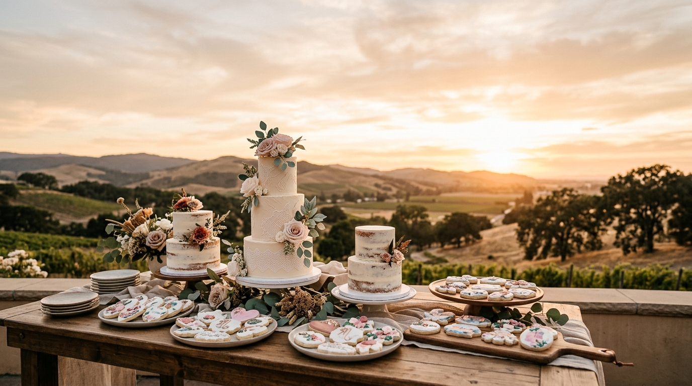 A tiered buttercream cake on a clean counter